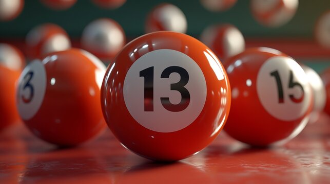 Vibrant close up of red lottery balls on pastel background with focus on lucky number 13