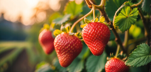 branch with natural strawberries on a blurred background of a strawberry field at golden hour. The...
