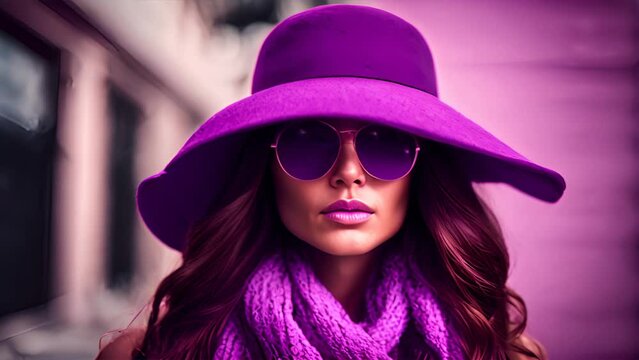 Stunning woman in vibrant purple hat and scarf, exuding sense of ethereal elegance