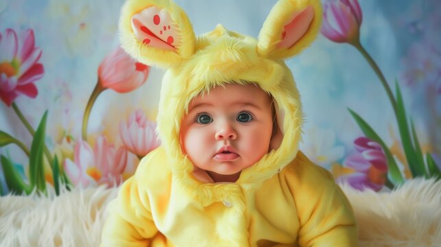 Child in a rabbit costume. Painted flowers in the background.