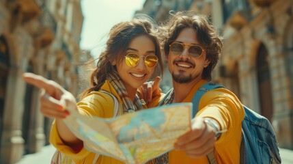 An ethnic couple using a local map together on a sunny day and pointing forward to a copy space. Honeymoon vacation, backpacker tourist, Asian city vacation, or summer holiday vacation concept.