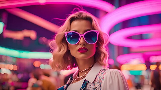 Neon Dreams: Stylish Woman Embraces the Vibrant Nightlife