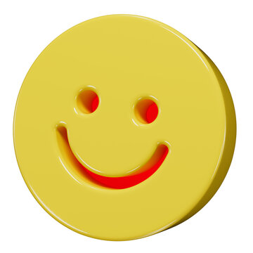 Creepy smiley face with red eyes and disturbing vibe. 3d render. Glossy yellow plastic in the form of smiley on transparent background.