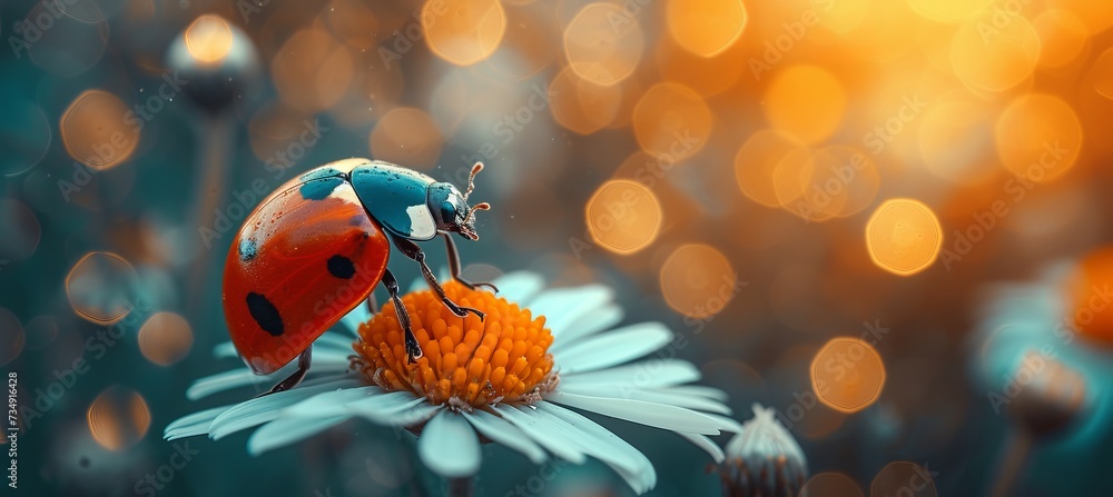 Poster Minimalistic abstract spring background with ladybug on white flower and space for text placement