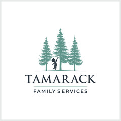 Three trees logo design. Vector illustration of pine forest and boy