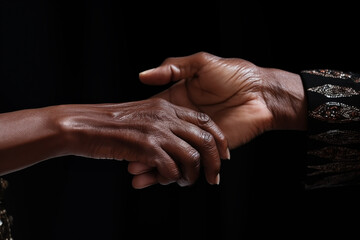 Two African hands clasp together, one younger, one older, against a dark backdrop, portraying strength and unity in family ties.
 - obrazy, fototapety, plakaty