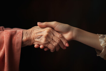 Warm handshake between a young person and an elderly adult, showing mutual care and intergenerational support.
