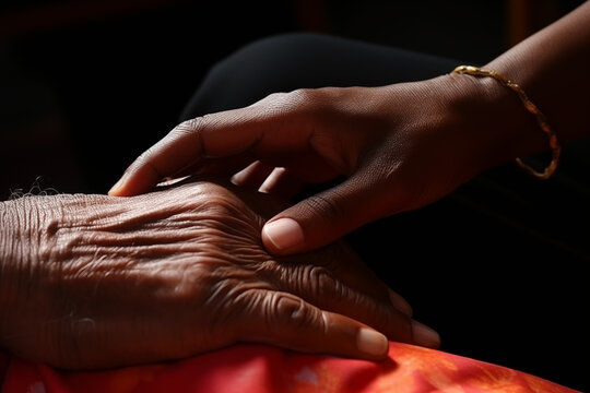 A Comforting Gesture As A Younger African Hand Gently Rests On An Older Hand, Conveying Cross-cultural Care And Respect.
