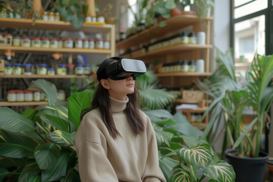 Experience the blend of nature and the digital realm with Apple Vision Pro VR headset. A woman explores virtual spaces in a phygital world, symbolizing the new future technology
