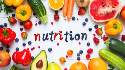 Nutrion title text food lettering, on table with vegetables, berries and fruits, pepper, avocado and cucumber, apples, strawberries, oranges and mandarin, carrot