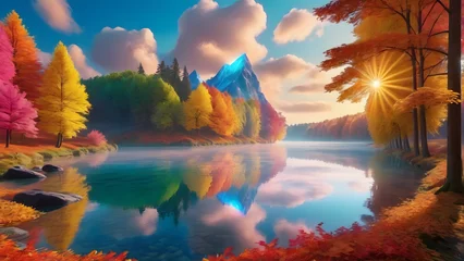 Fotobehang fantastic autumn landscape,river,clouds,Generative AI © AI machine