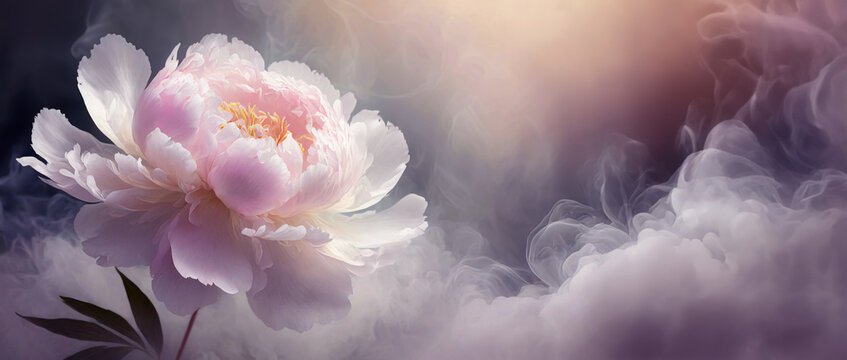  Fiore di peonia rosa. Fondo floreale astratto. Spazio bianco. Decorazione, motivo floreale