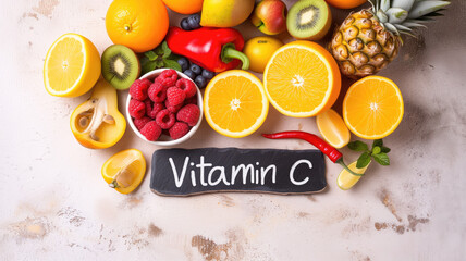 Vitamin c title text food lettering, on table with juicy fruits around, kiwi, apples, strawberries, oranges and mandarin, raspberry and pineapple