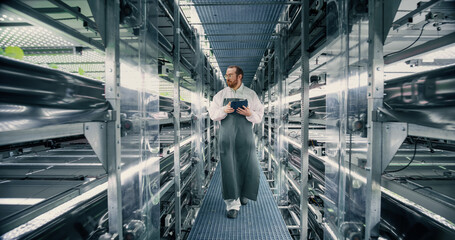Biologist, Gardener, Scientist Walking Between Rows of Racks with Ecological Crops at a Vertical Farm. Horticulture Specialist Using Tablet Computer, Monitoring Growth and Nutrition Through a Software - obrazy, fototapety, plakaty