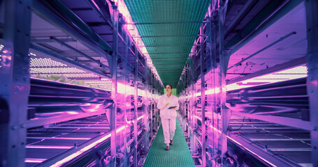 Female Agricultural Scientist Walking in a Vertical Farm Facility Next to Racks with Fresh Natural...