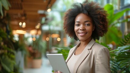 African American businesswoman diversity looking camera and tablet standing in co-working space modern workplace, executive business female happy remote working, confident young Insurance sales agent