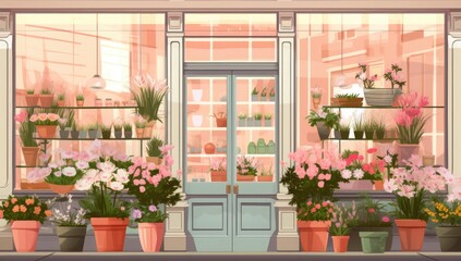 Fototapeta na wymiar Illustration of a flower shop facade featuring large windows and pots of plants in front. Perfect for showcasing a floral business