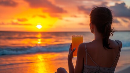 Sunny paradise beach  beautiful woman enjoying tequila sunrise cocktail with text space