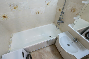 interior apartment room bathroom, sink, decorative elements, toilet. WC, sanitary unit, wash room