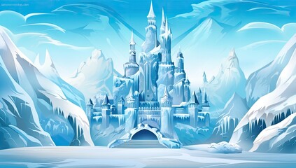 Illustration of a castle covered in ice and snow, set against a backdrop of icy landscape