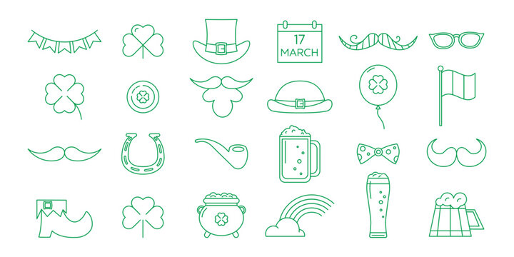 St. Patrick's Day line icons set, irish holiday collection. Simple linear style festive symbols. Outline vector illustration isolated on white background