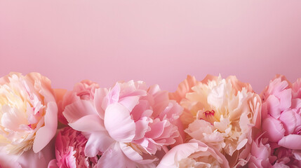 A border composed of fluffy peonies in pastel colors. The peonies are lush and full, providing a perfect canvas for Valentine's Day text.