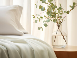 A glass vase with graceful eucalyptus branches against a background of a beige silk bedspread.