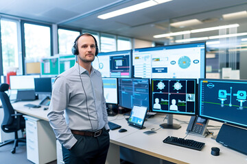 A man in a modern office space analyzing digital threats. Computer monitors display security information panels and encrypted data.
