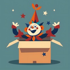 A vibrant and playful image capturing the essence of April Fools’ Day, featuring a colorful jester popping out of a box amidst sparkling stars.
