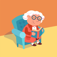 Cute cartoon grandma with book in chair reading. Vector isolated illustration on white background. 