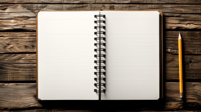 Top view of blank spiral notebook and pencil on wooden desk, office stationery and writing supplies