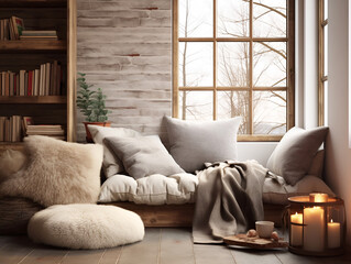 Fototapeta na wymiar a cozy reading corner with pillows and blankets