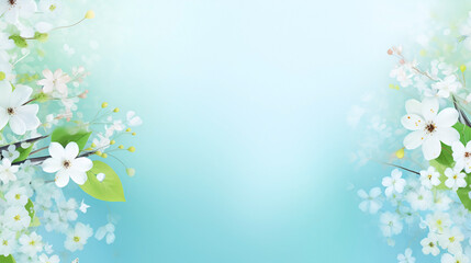 banner of spring white flowers on a pastel blue background with copy space