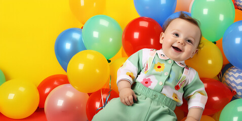 Fototapeta na wymiar banner baby lying in a cute suit on a background of colored balloons