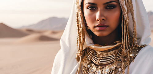 beautiful young girl with white cowl and golden ethnic jewelries looks intently at the camera. Woman in the hood and clothes for the desert, close up fantasy beauty portrait - obrazy, fototapety, plakaty