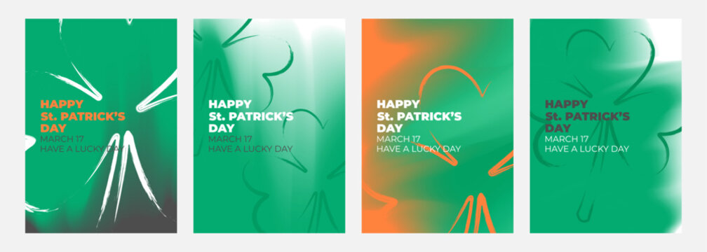 Happy St. Patrick's Day celebration set. Blurred backgrounds with shamrock symbol for Patrick's Day holiday greetings and invitations. Ireland's national holiday. Vector illustration.