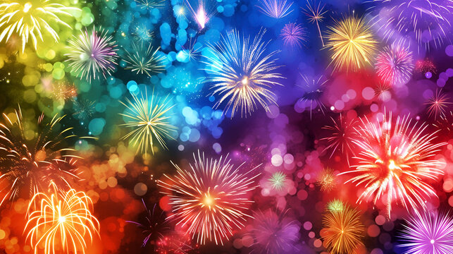 beautiful multicolored fireworks display at night with bokeh lights, festive background