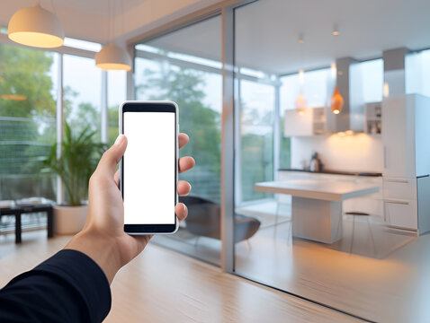A mobile phone in hand, controlling a smart home, uses artificial intelligence to optimize comfort and energy consumption.