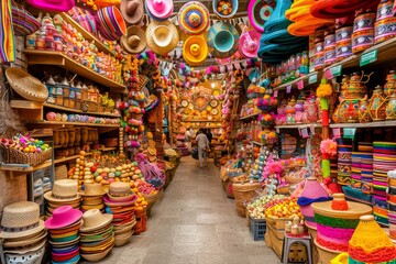 A colorful traditional crafts market with a variety of handmade hats, textiles, and cultural souvenirs for sale. - obrazy, fototapety, plakaty
