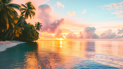 A tranquil tropical beach at sunset with palm trees and a serene ocean reflecting the warm colors of the sky.