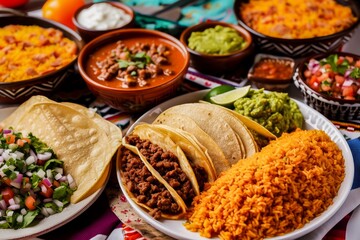 Colorful and delicious spread of Mexican food with tacos, rice, guacamole, and various sides on a table.