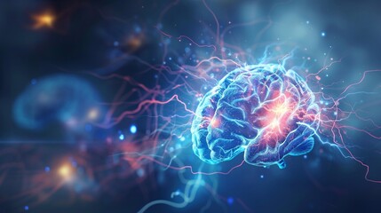 Human brain digital illustration. flashes and lightning on a blue background.neurogenic mediators. created using generative ai tool.Neural network