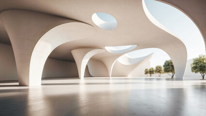 Empty abstract architecture building in minimal concrete design with open space floor courtyard white podium and curved walls museum plaza as wide display showroom mockup environm 