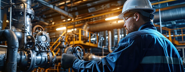 Factory worker controlling heating plant processes with pipes, valves