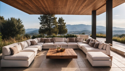 luxury outdoor seating area lounge or terrace with nature panoramic view, fancy modern contemporary architectural landscape decor and real estate design or for holiday relaxation