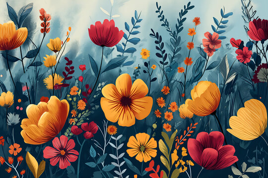 tulips in the garden, Floral Pattern, Flowers, Art Nouveau style floral pattern, Pattern