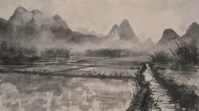fog in the mountains, mountains and rice fields, Chinese Ink wash painting