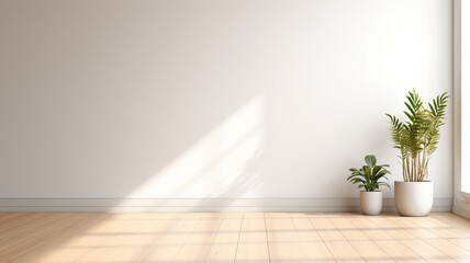 Fototapeta na wymiar empty white room with a wooden floor and a potted plant