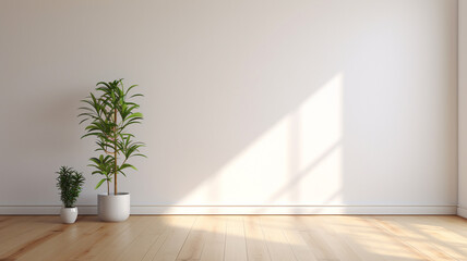 Fototapeta na wymiar empty white room with a wooden floor and a potted plant