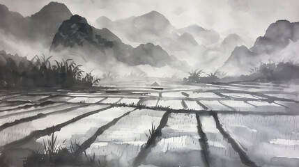 misty morning in the mountains, mountains and rice fields, Chinese Ink wash painting
